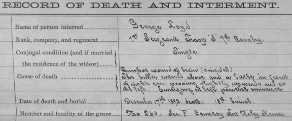 The Record of Death shows that First Sergeant Loyd states, "The bullet entered above and a little in front of right ear, passing slightly upwards and to the left, emerging at left parietal eminence."