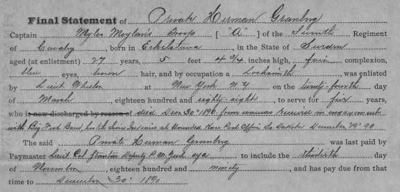 Final Statement of Private Herman Granberg prepared by Captain Myles Moylan on 30 December 1890.