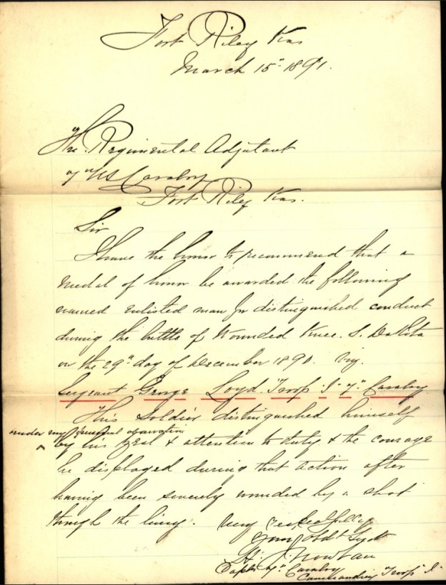"This soldier distinguished himself under my personal observation by his zeal & attention to duty & the courage he displayed during that action after having been severely wounded by a shot through the lung."