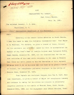 Forsyth recommendation of brevet 14 Feb 1891 page 1 - Whitside, Van R. Hoff, Capron, Varnum, Nowlan