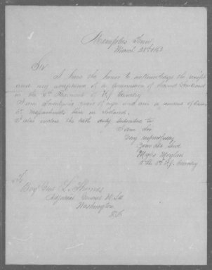 Myles Moylan's letter accepting a commission in the 5th Cavalry. He states that he was born in.