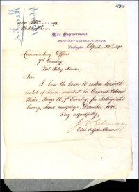 (Click to enlarge) The War Department mailed Corporal Neder's medal to the regimental commander on 25 April 1891.