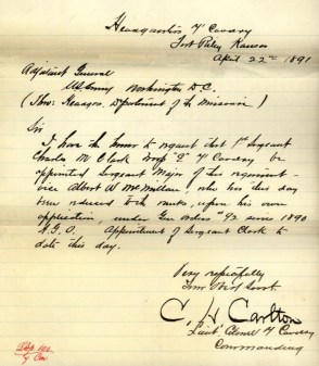 Sergeant Major Albert W. McMillan was reduced to the rank of Private at his own request in April 1891.