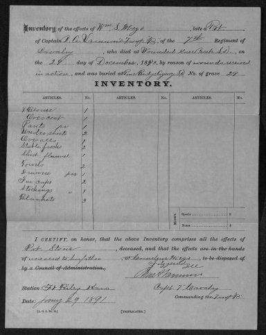 Captain Varnum completed an inventory of Private William S. Mezo's personal effects at the end of January 1891 and forwarded them to Mezo's father at Fitzgerald, Illinois