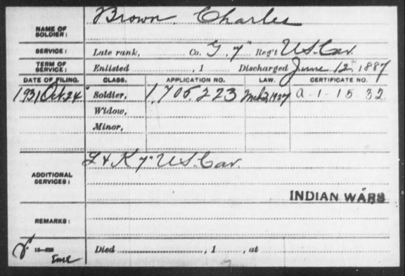 Charles Brown's pension application shows that he served in G, L and K Troops during his decade with the 7th Cavalry.[8]