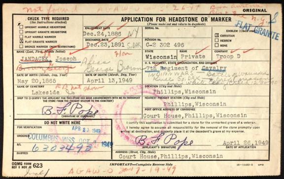 This 1949 application for a flat granite grave marker for Joseph Jandacek indicates that he was the Private George Brown of D Troop, 7th Cavalry, and was present at the Battle of Wounded Knee.[3]