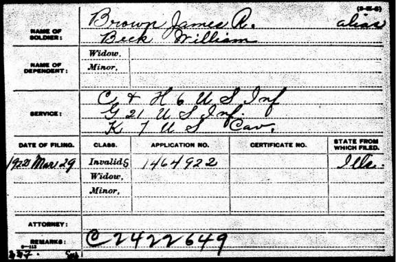 William Beck's pension application indicates that he served under the alias James R. Brown with K Troop 7th Cavalry.[5]