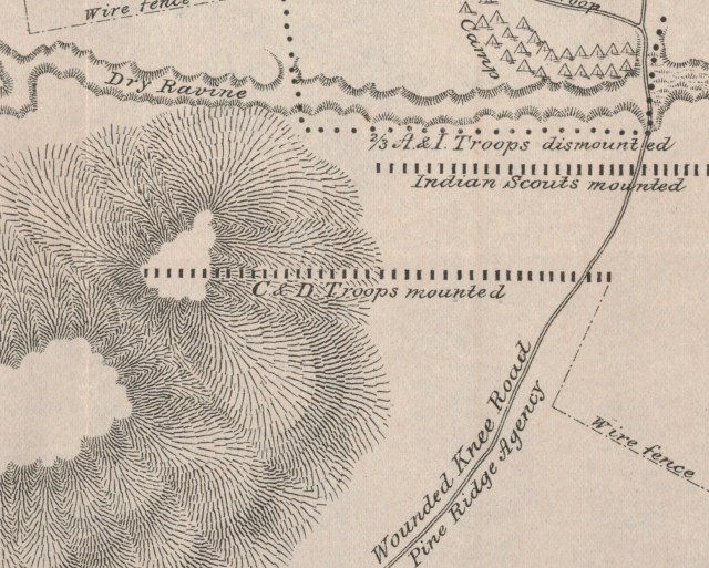 Inset of Lieut. S. A. Cloman’s map of Wounded Knee depicting the position of C and D Troops, December 29, 1890.