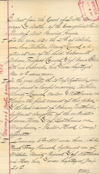 The Evangelical Parish of Dierdorf, Prussia listing Franz Anton the son of Wilhelm Moritz Reineck and Katharina Heer.[6]