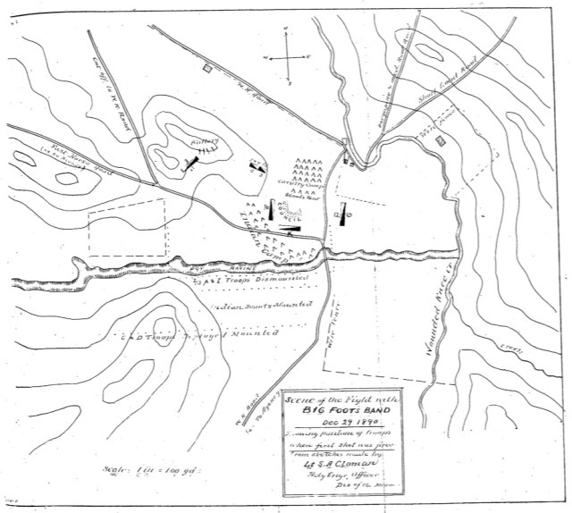 Lieutenant Sydney A. Cloman's original map of the Wounded Knee Battlefield