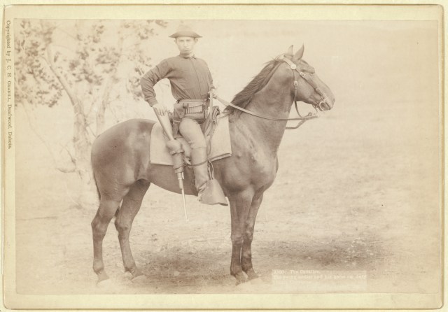 "The Cavalier. The young soldier and his horse on duty at camp Cheyenne," by J. C. H. Grabill, 1890, Deadwood, Dakota.