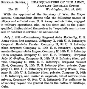 Feaster received honorable mention for gallantry at Santiago, Cuba, during the Spanish-American War, action for which he would later be awarded a Silver Star.[10]