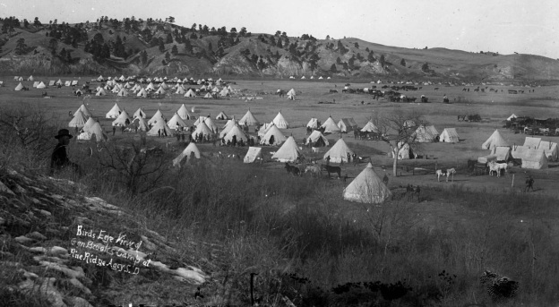 "Birds Eye View of Gen Brooks Camp at Pine Ridge Agcy S. D." from the Denver Public Library Digital Collections. The view includes the camp of the 2nd Infantry.