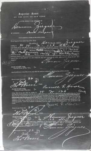 Hermann Ziegner applied for naturalization on 22 July 1891 indicating that he resided at 75 West 126th Street where he was employed as a book Keeper.
