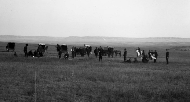 This 1890 photograph titled, "Pine Ridge Agency, S.D. (field maneuvers)" depicts soldiers of the hospital corps at the Pine Ridge Agency practicing their craft. (From the Louise Stegner collection held in the Denver Public Library Digital Collections)