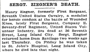 Sergeant Ziegner's death was run in several New York Newspapers.[12]