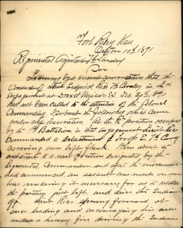 Captain C. A. Varnum wrote to Colonel Forsyth in October 1891 recognizing Lieutenant Rice's gallantry at White Clay Creek.