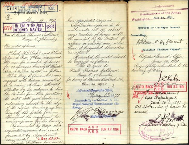 (Click to enlarge) Assistant Secretary of War Lewis A. Grant approved Private Thomas Sullivan's for the Medal of Honor on 16 June 1891.