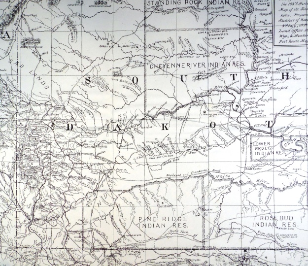 (Click to enlarge) Section of “Map of the Pine Ridge & Rosebud Indian Reservations and Adjacent Territory,” prepared by the Department of the Platte Engineer Office from 1890 authorities.[2]