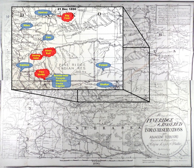 (Click to enlarge) “Map of the Pine Ridge & Rosebud Indian Reservations and Adjacent Territory,” prepared under direction of Chas. A. Worden, 7th Infantry, Acting Engineer, Department of the Platte, from 1890 authorities, with inset showing disposition of forces on 21 Dec. 1890.