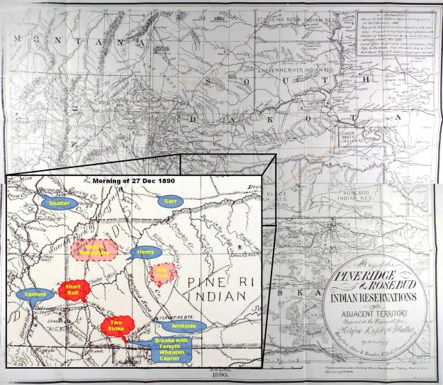 (Click to enlarge) Inset depicting approximate location of Col. Carr, Maj. Henry, and Maj. Whitside on the morning of 27 Dec. 1890.
