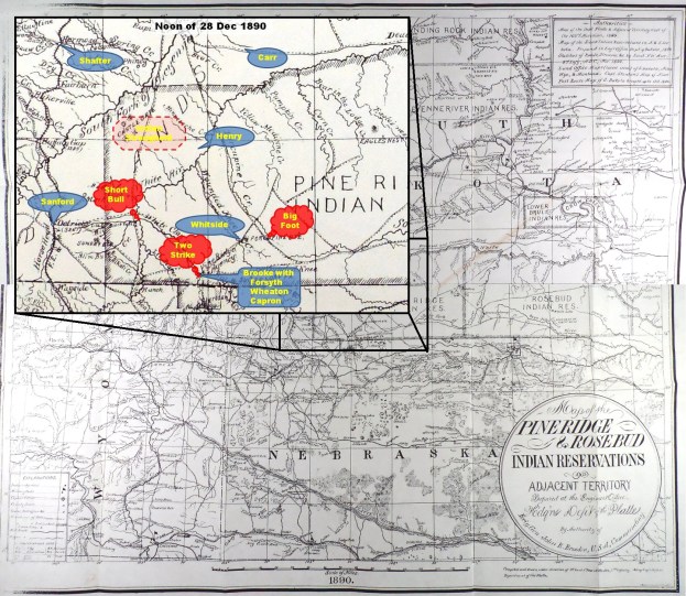 (Click to enlarge) Inset depicting approximate location of U.S. troops and Big Foot's band at noon on 28 Dec. 1890.