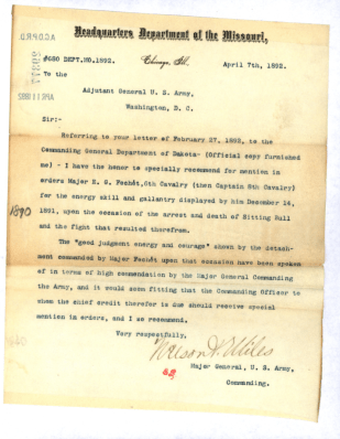 Major General Miles's recommendation for honorable mention and commendation of Captain Edmund G. Fechet.